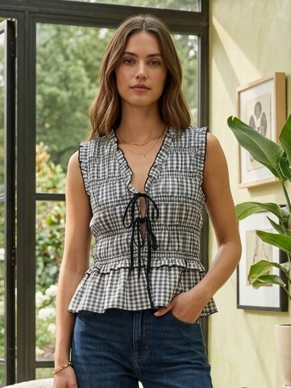 Rails Black and White Gingham Ruffle Tie-Front Camisole